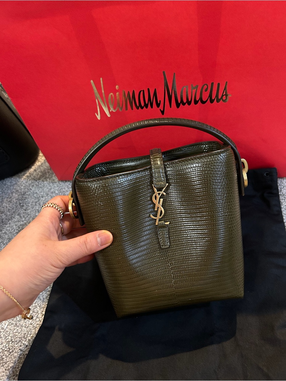 Saint Laurent Olive Lizard-Embossed Mini Top-Handle Bag with Gold YSL